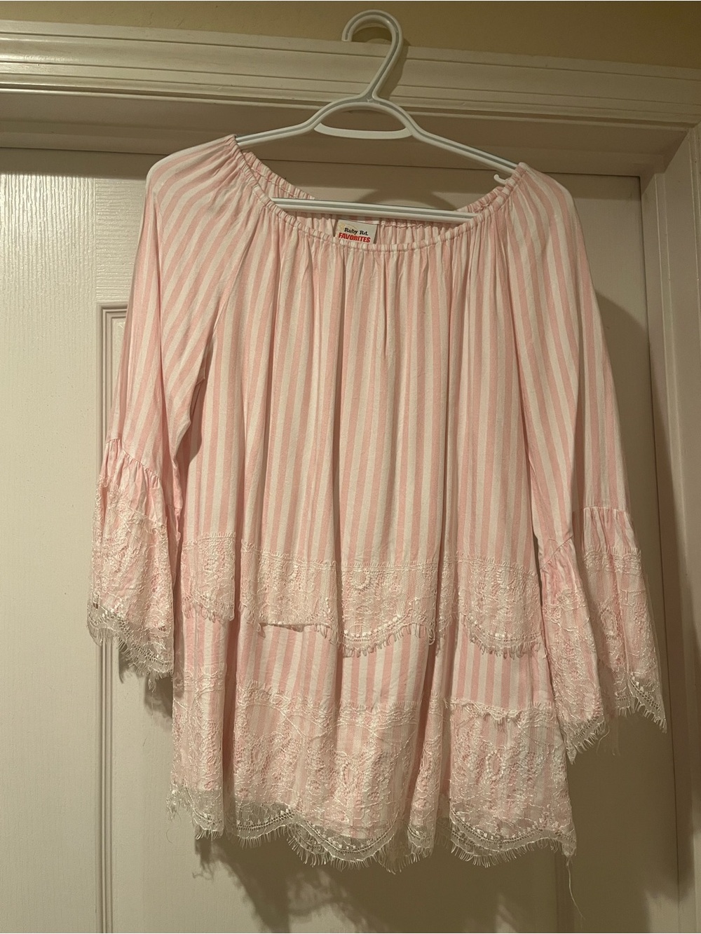 Ruby Rd. Pink Striped Lace-Trim Peasant Top